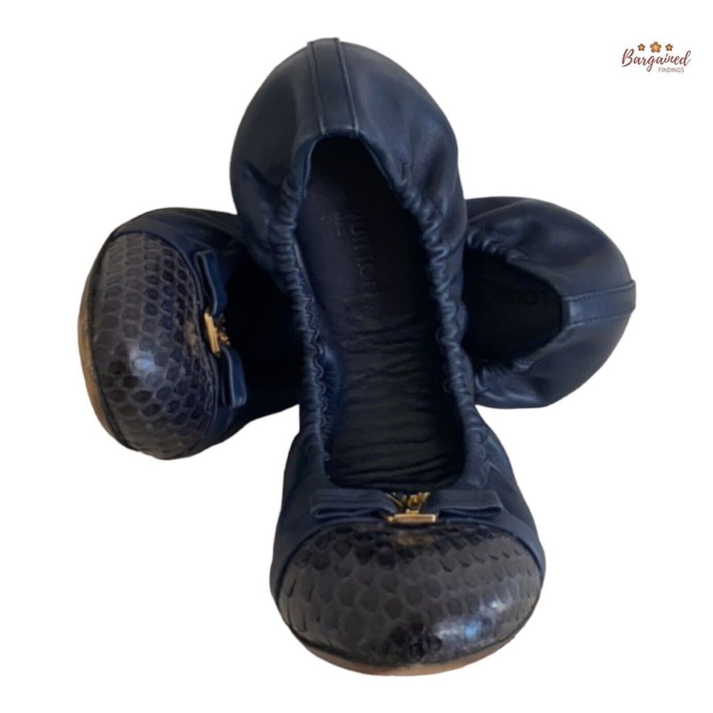 Authentic Louis Vuitton Navy Leather Reptile Toe Bow Scrunch Ballet Flats 37/7